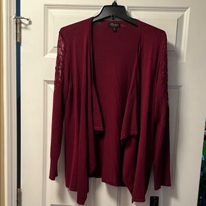 Taylor & Sage Wine Red Open-Front Cardigan with Lace Accents